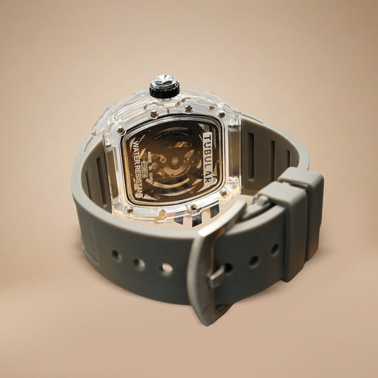 Luxury Skeleton Watch – Transparent Case with Grey Rubber Strap
