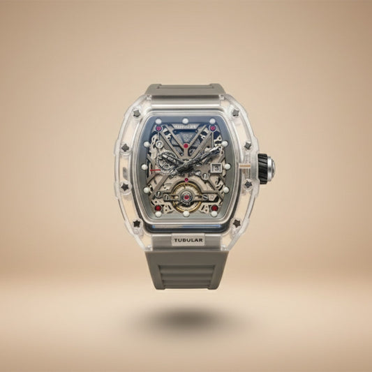 Luxury Skeleton Watch – Transparent Case with Grey Rubber Strap